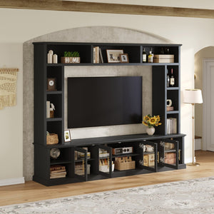 English Elm Entertainment Wall Unit with Glass Doors Open Shelving Mdf Living Room Storage Black N710S688100B