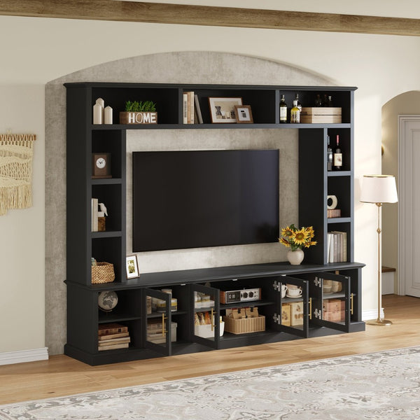 English Elm Entertainment Wall Unit with Glass Doors Open Shelving Mdf Living Room Storage Black N710S688100B