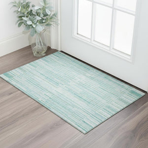 HomeRoots 5' Turquoise and Sky Blue Striped Area Rug - Washable, UV Protected, Durable for Busy Homes & Patios 717907