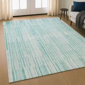 HomeRoots 8' Turquoise and Sky Blue Striped Washable Rug - UV Protected, Soft, Durable, Ideal for Any Space 717908