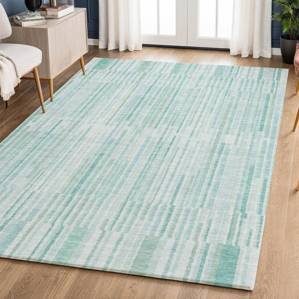 HomeRoots 8' Turquoise and Sky Blue Striped Washable Rug - UV Protected, Soft, Durable, Ideal for Any Space 717908