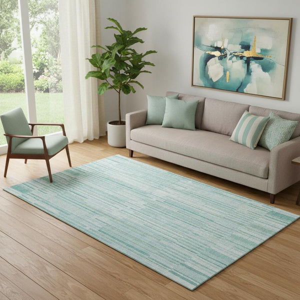 HomeRoots 8' Turquoise and Sky Blue Striped Washable Rug - UV Protected, Soft, Durable, Ideal for Any Space 717908