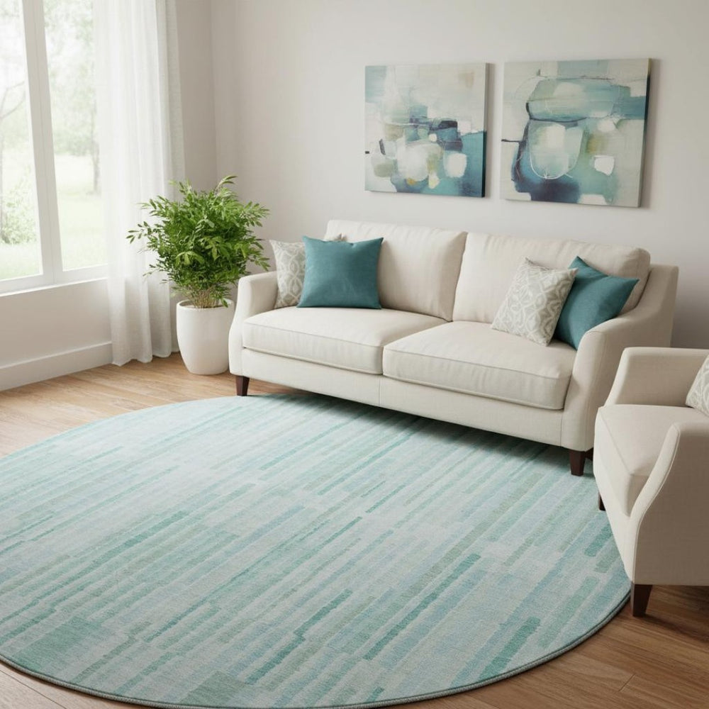HomeRoots 8' X 10' Turquoise and Sky Blue Striped Area Rug - Durable, Washable, UV-Protected for Stylish Spaces 717909