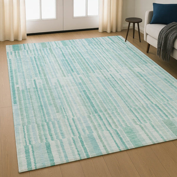 HomeRoots 9' X 12' Vibrant Turquoise & Sky Blue Striped Area Rug - Washable, UV Protected & Stylish for Homes 717910