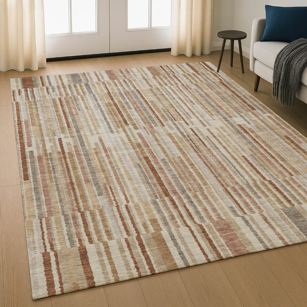 HomeRoots 5' Terra Cotta and Beige Striped Area Rug – Washable, UV Protected, Durable, and Stylish for Any Space 717913