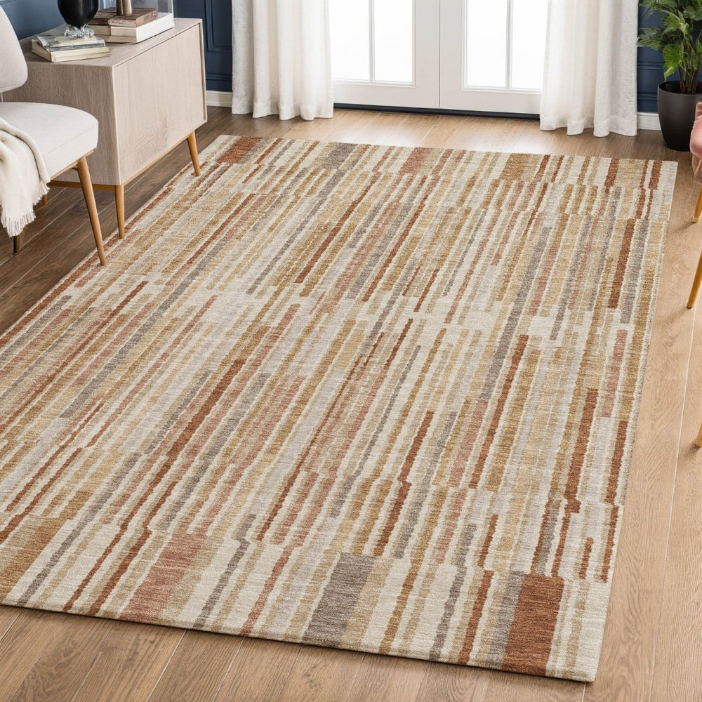 HomeRoots 5' Terra Cotta and Beige Striped Area Rug – Washable, UV Protected, Durable, and Stylish for Any Space 717913