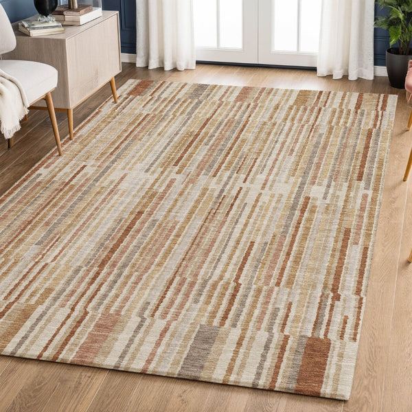 HomeRoots 8' Versatile Terra Cotta & Beige Striped Round Rug - Washable, UV Protected for Indoor/Outdoor Use 717914
