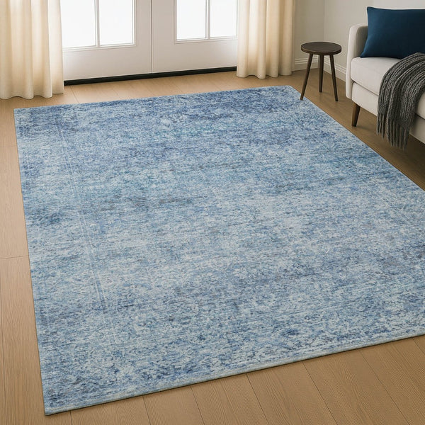HomeRoots 8' Blue And Denim Abstract Washable Round Rug – Durable, Stain-Resistant, UV Protected Design for Homes 717926