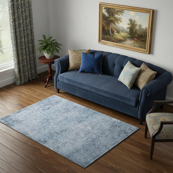 HomeRoots 8' Blue And Denim Abstract Washable Round Rug – Durable, Stain-Resistant, UV Protected Design for Homes 717926
