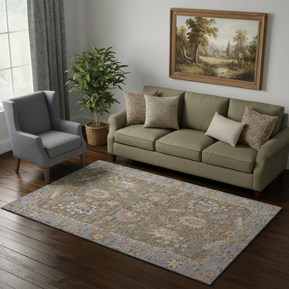 HomeRoots 8' Brown and Lavender Oriental Washable Round Rug - Stain Resistant, UV Protected & Non-Slip Backing 717950