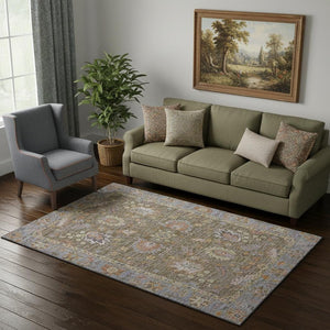 HomeRoots 8' Brown and Lavender Oriental Washable Round Rug - Stain Resistant, UV Protected & Non-Slip Backing 717950