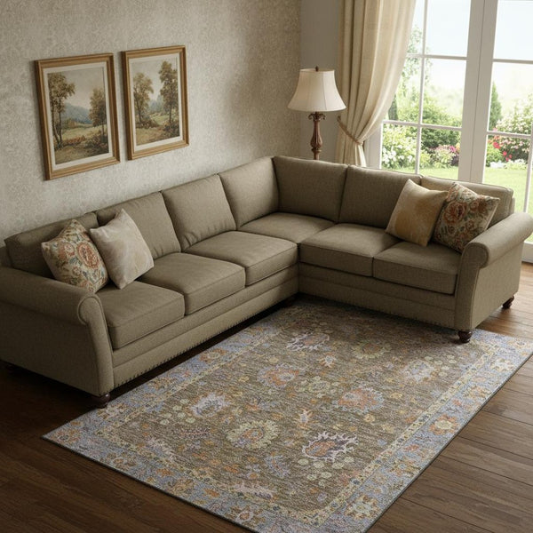 HomeRoots 10' X 14' Brown & Lavender Oriental Area Rug - Washable, UV Protected, Stain Resistant for Families 717953