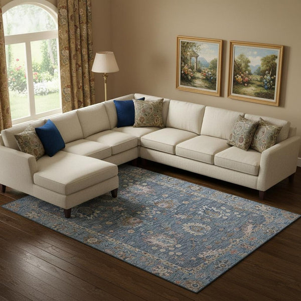 HomeRoots 10' X 14' Blue & Taupe Oriental Area Rug - Washable, UV Protected, Durable for Homes with Kids & Pets 717959