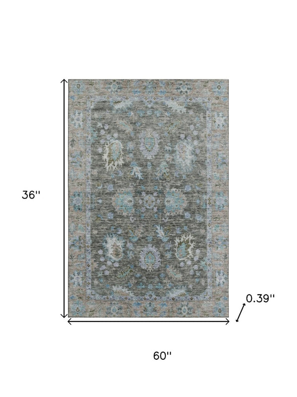 HomeRoots 5' X 8' Washable Fern Green & Denim Blue Area Rug with UV Protection - Stylish, Durable & Easy Care! 717961