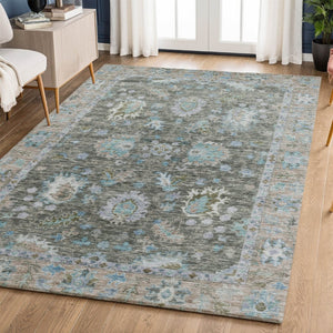 HomeRoots 5' X 8' Washable Fern Green & Denim Blue Area Rug with UV Protection - Stylish, Durable & Easy Care! 717961