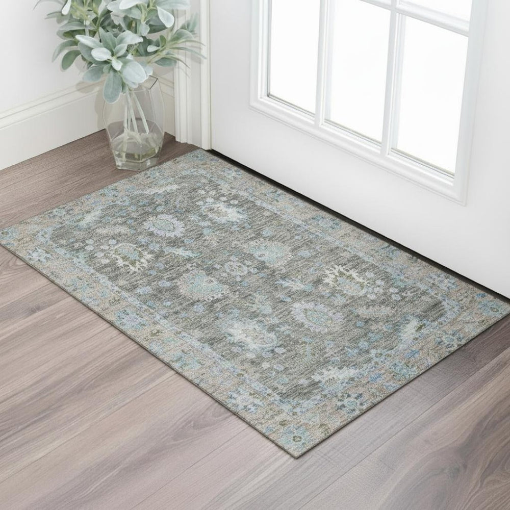 HomeRoots 5' X 8' Washable Fern Green & Denim Blue Area Rug with UV Protection - Stylish, Durable & Easy Care! 717961