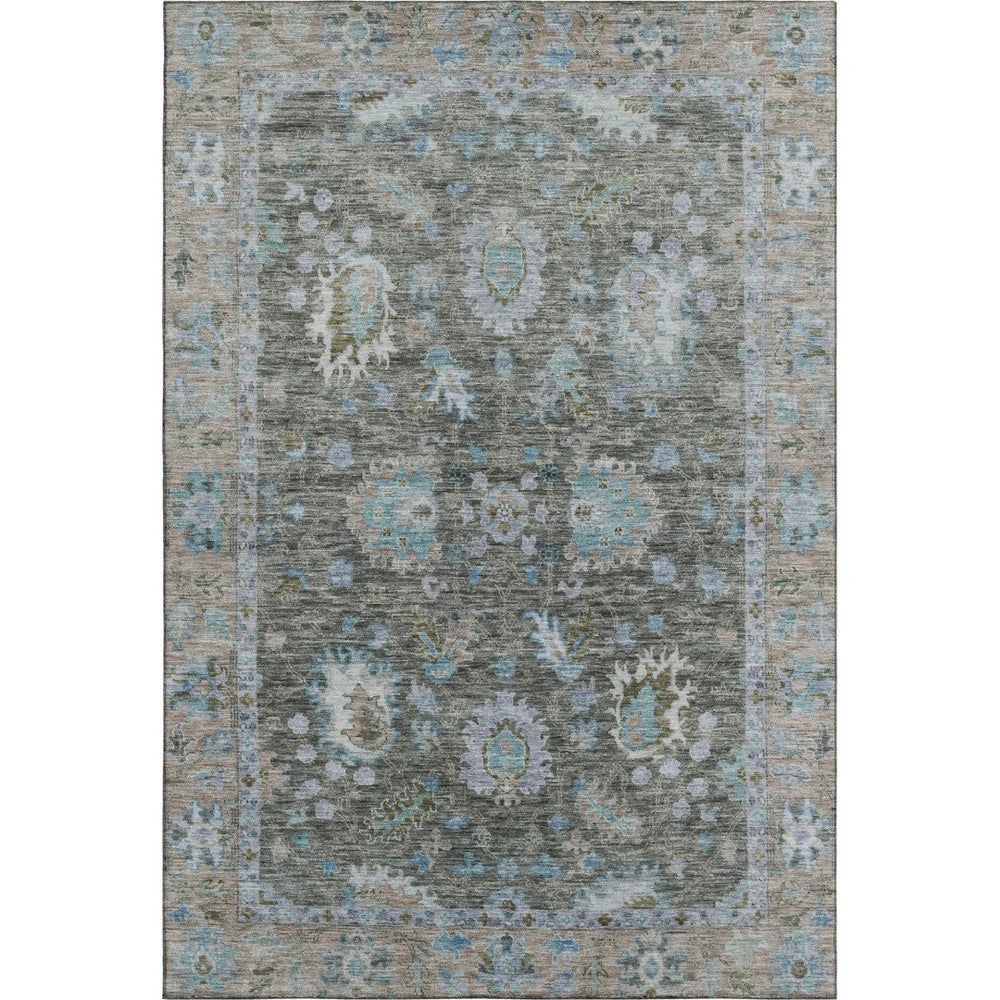 HomeRoots 8' Washable Fern Green & Denim Blue Oriental Round Rug with UV Protection for High-Traffic Areas 717962