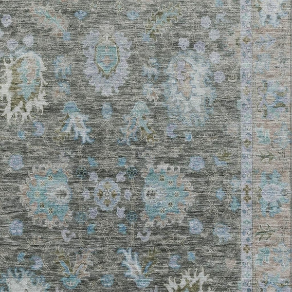 HomeRoots 8' Washable Fern Green & Denim Blue Oriental Round Rug with UV Protection for High-Traffic Areas 717962