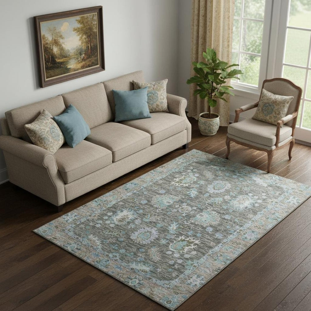 HomeRoots 8' Washable Fern Green & Denim Blue Oriental Round Rug with UV Protection for High-Traffic Areas 717962