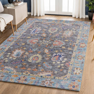 HomeRoots 8' Gray and Copper Oriental Washable Round Rug - Stylish, Durable, Stain-Resistant with UV Protection 717968