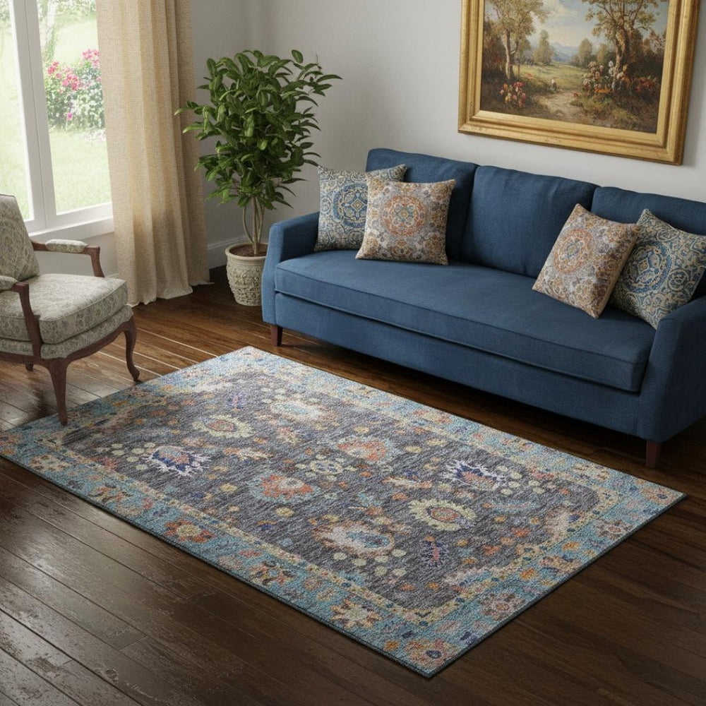 HomeRoots 8' Gray and Copper Oriental Washable Round Rug - Stylish, Durable, Stain-Resistant with UV Protection 717968