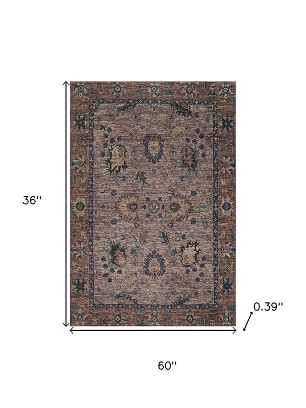 HomeRoots 5' X 8' Coffee and Copper Oriental Area Rug - Machine Washable, UV Protection, Non-Slip Backing 717973