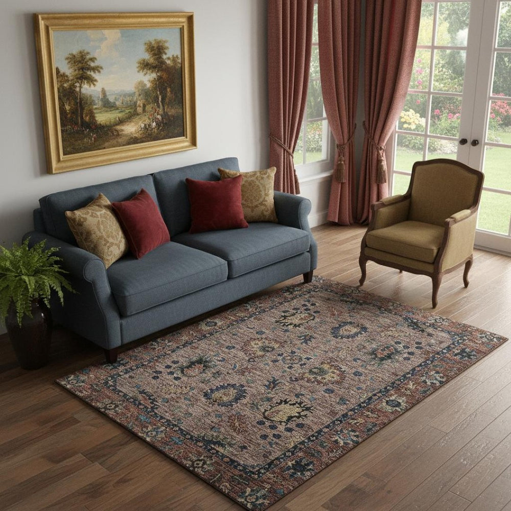 HomeRoots 8' Washable Round Rug in Coffee & Copper - Durable, UV-Protected, Easy-Care Oriental Design for Homes 717974