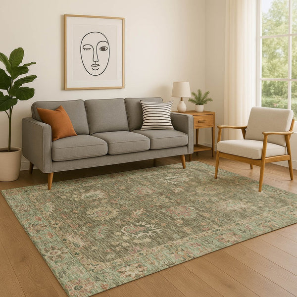 HomeRoots 5' X 8' Olive Green & Beige Oriental Area Rug – Washable, UV-Protected, Durable & Stylish Décor Solution 717979