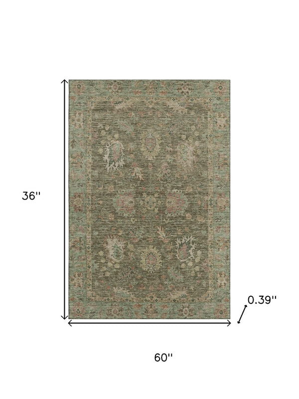 HomeRoots 5' X 8' Olive Green & Beige Oriental Area Rug – Washable, UV-Protected, Durable & Stylish Décor Solution 717979