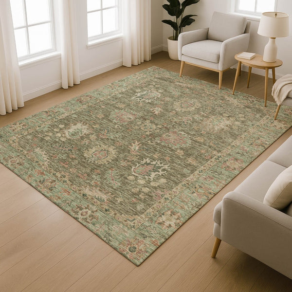 HomeRoots 5' X 8' Olive Green & Beige Oriental Area Rug – Washable, UV-Protected, Durable & Stylish Décor Solution 717979