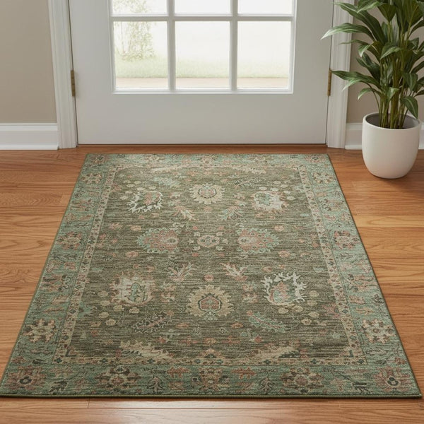 HomeRoots 5' X 8' Olive Green & Beige Oriental Area Rug – Washable, UV-Protected, Durable & Stylish Décor Solution 717979