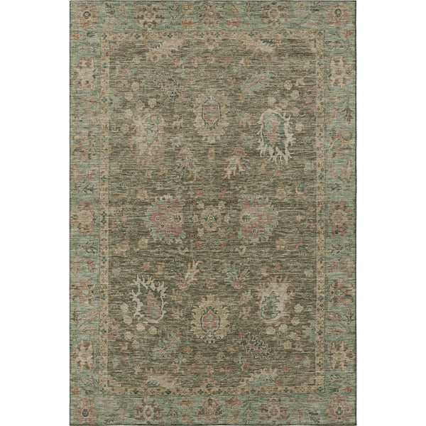 HomeRoots 8' Washable Olive Green & Beige Oriental Round Rug with UV Protection for High-Traffic Areas 717980