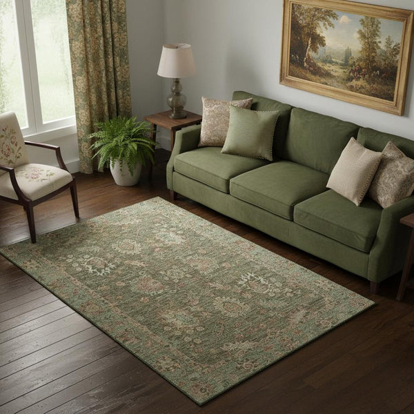HomeRoots 8' Washable Olive Green & Beige Oriental Round Rug with UV Protection for High-Traffic Areas 717980