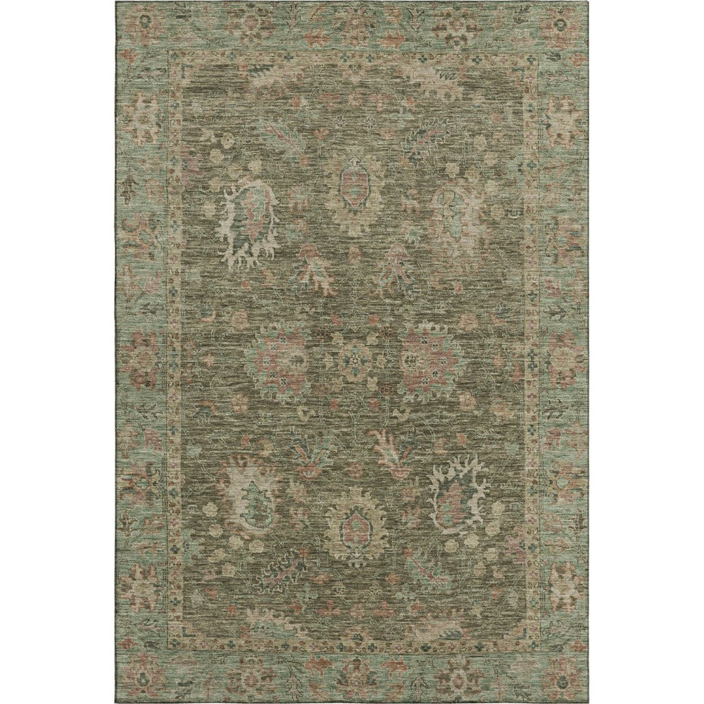 HomeRoots 9' X 12' Olive Green Beige Oriental Washable Area Rug with Stain Resistance & UV Protection 717982