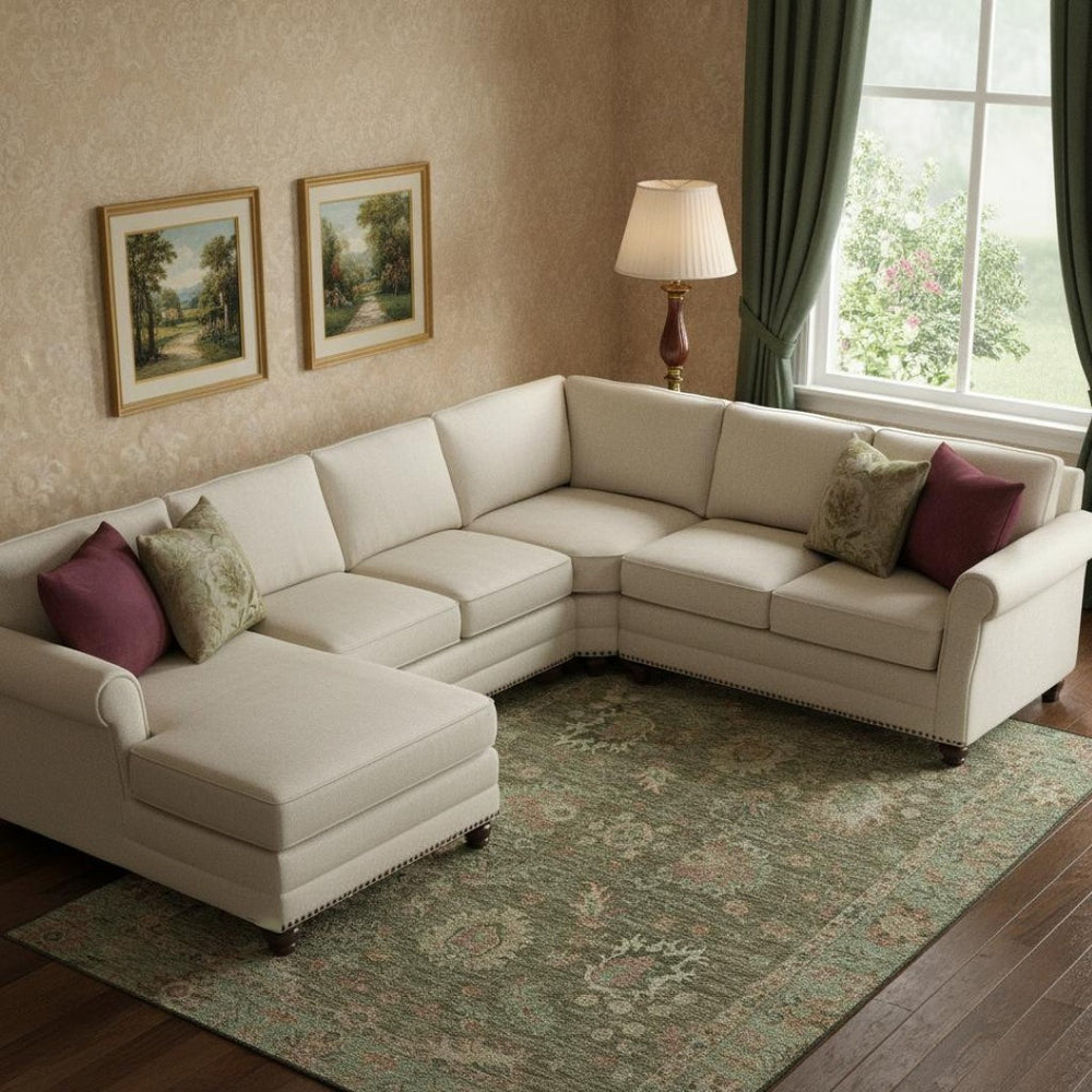 HomeRoots 9' X 12' Olive Green Beige Oriental Washable Area Rug with Stain Resistance & UV Protection 717982
