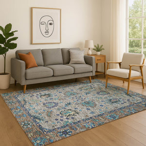 HomeRoots 5' X 8' Stylish Pewter and Teal Oriental Area Rug – Washable, UV-Protected, Non-Slip Design for Homes 717985