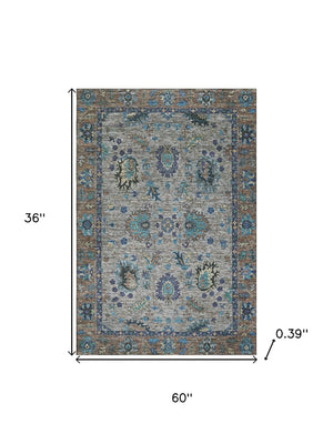 HomeRoots 5' X 8' Stylish Pewter and Teal Oriental Area Rug – Washable, UV-Protected, Non-Slip Design for Homes 717985