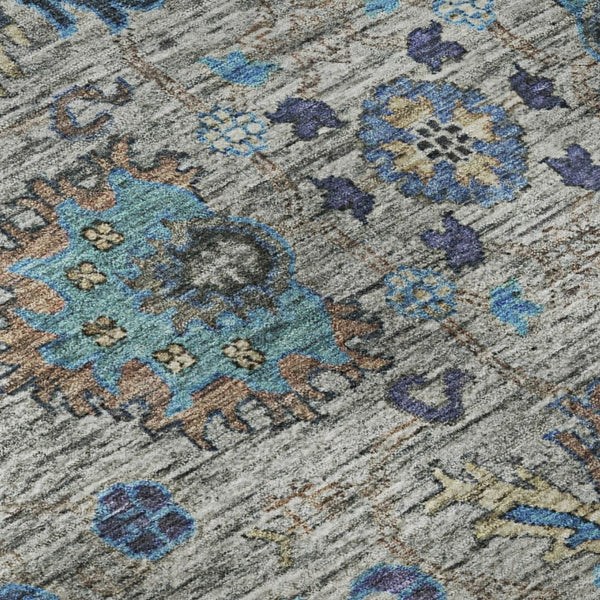 HomeRoots 5' X 8' Stylish Pewter and Teal Oriental Area Rug – Washable, UV-Protected, Non-Slip Design for Homes 717985