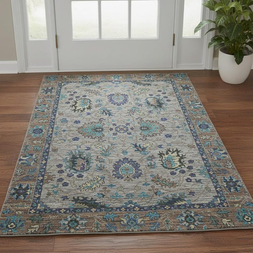 HomeRoots 5' X 8' Stylish Pewter and Teal Oriental Area Rug – Washable, UV-Protected, Non-Slip Design for Homes 717985