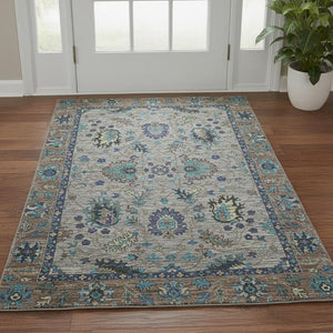 HomeRoots 5' X 8' Stylish Pewter and Teal Oriental Area Rug – Washable, UV-Protected, Non-Slip Design for Homes 717985