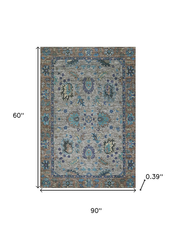HomeRoots 8' Elegant Pewter and Teal Oriental Washable Round Rug with UV Protection and Stain Resistance 717986