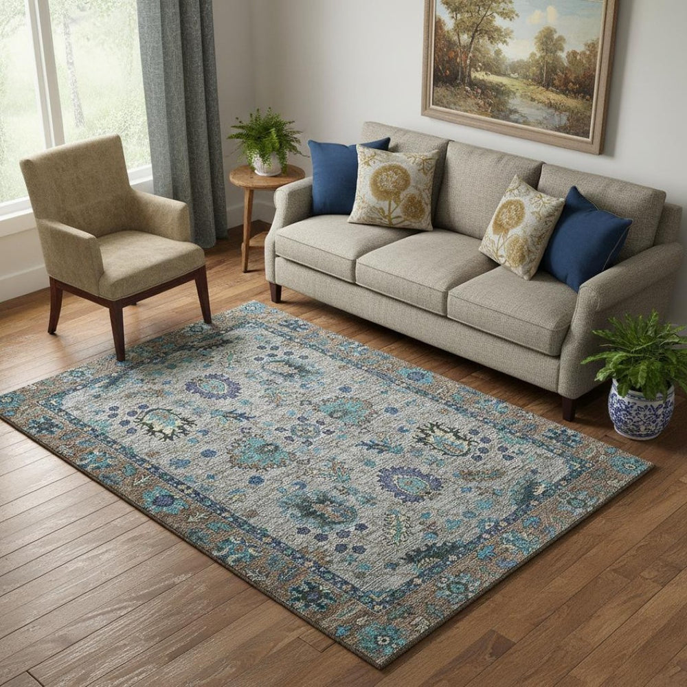 HomeRoots 8' Elegant Pewter and Teal Oriental Washable Round Rug with UV Protection and Stain Resistance 717986