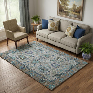HomeRoots 8' Elegant Pewter and Teal Oriental Washable Round Rug with UV Protection and Stain Resistance 717986