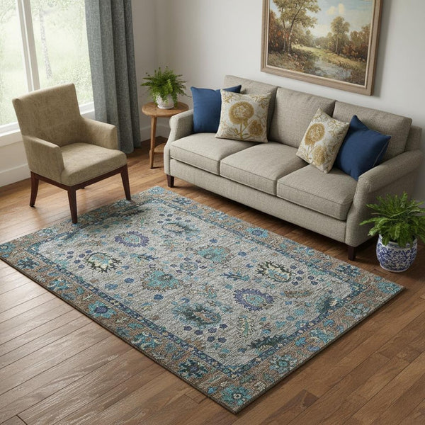 HomeRoots 8' Elegant Pewter and Teal Oriental Washable Round Rug with UV Protection and Stain Resistance 717986