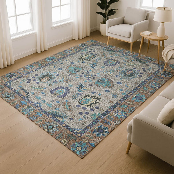 HomeRoots 8' Elegant Pewter and Teal Oriental Washable Round Rug with UV Protection and Stain Resistance 717986