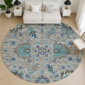 HomeRoots 8' X 10' Washable Pewter and Teal Oriental Area Rug with UV Protection for Stylish, Easy Living 717987