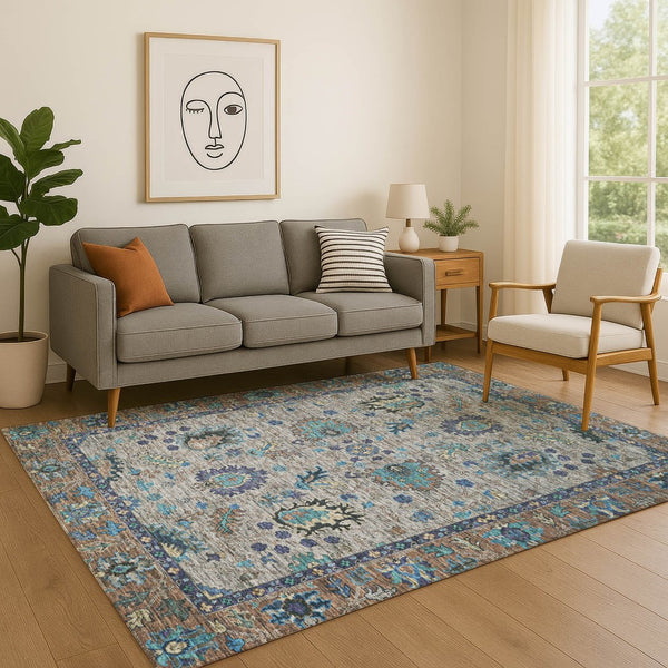 HomeRoots 9' X 12' Pewter and Teal Oriental Area Rug - Washable, UV-Protected, Ideal for Homes with Kids & Pets 717988