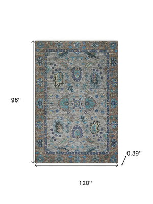 HomeRoots 9' X 12' Pewter and Teal Oriental Area Rug - Washable, UV-Protected, Ideal for Homes with Kids & Pets 717988