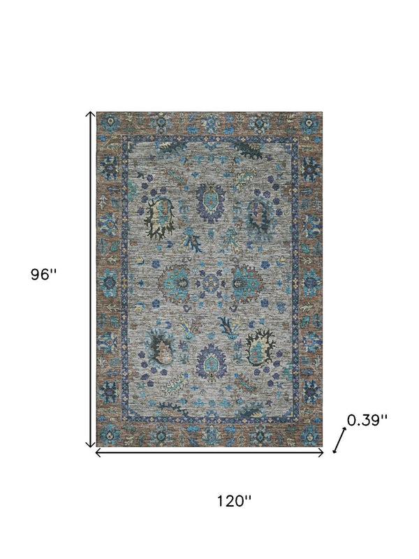 HomeRoots 9' X 12' Pewter and Teal Oriental Area Rug - Washable, UV-Protected, Ideal for Homes with Kids & Pets 717988