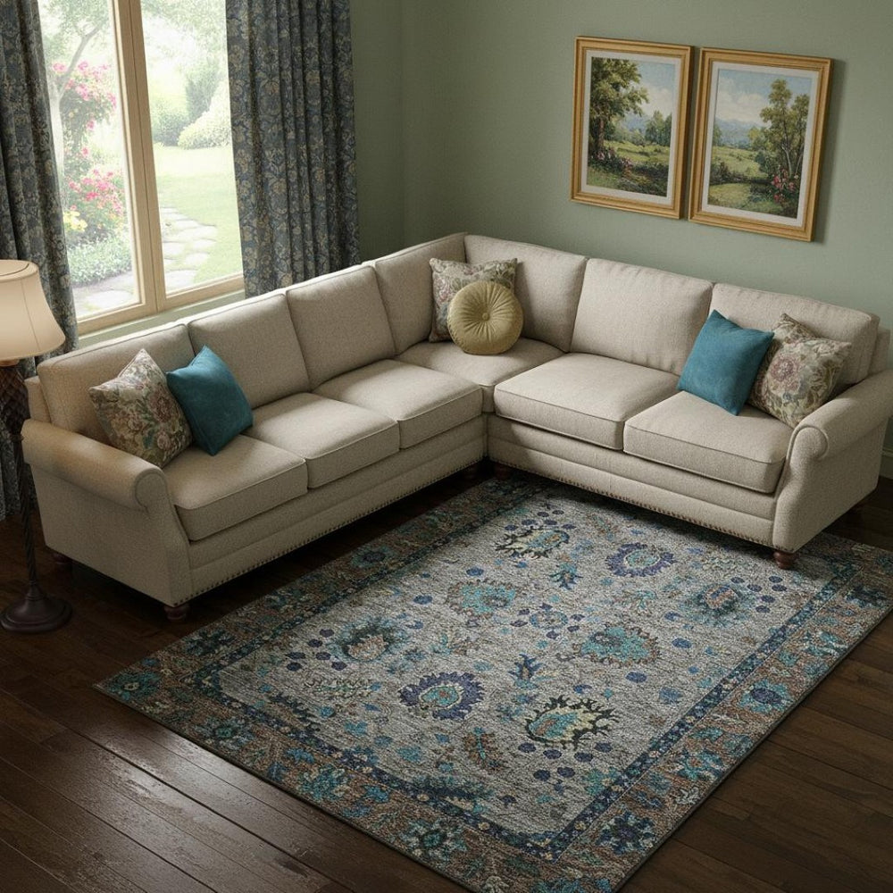 HomeRoots 9' X 12' Pewter and Teal Oriental Area Rug - Washable, UV-Protected, Ideal for Homes with Kids & Pets 717988